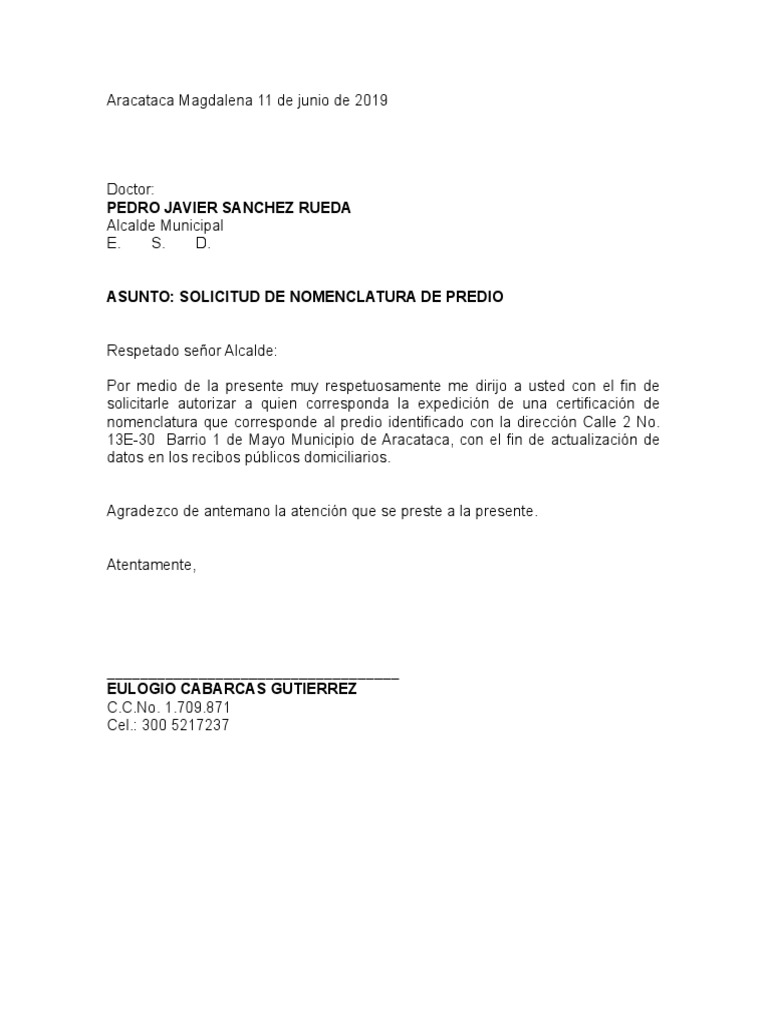 Carta Solicitud De Nomenclatura