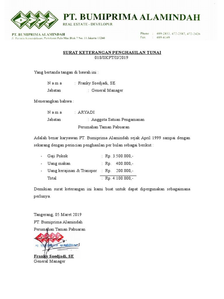 Surat Keterangan Penghasilan Tunai  PDF