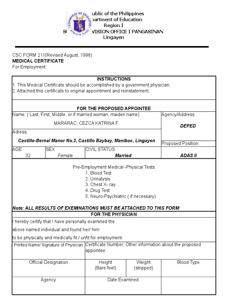 CSC Form 211 Medical Certificate Guide | PDF | Business