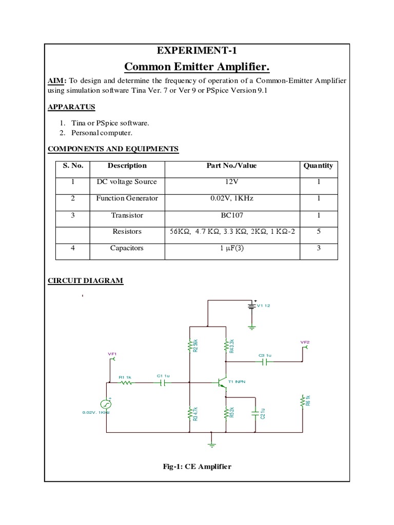 Common Emitter Amplifier Experiment1 Circuit Diagram