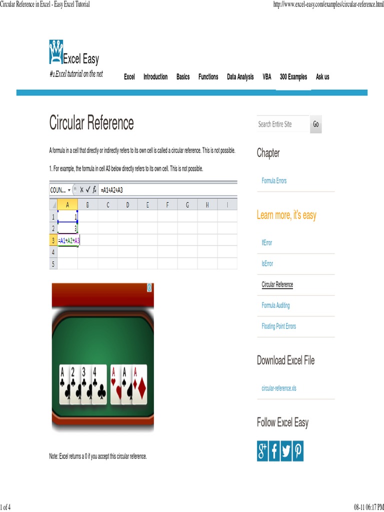 Circular Reference In Excel Easy Excel Tutorial Microsoft Excel Computing