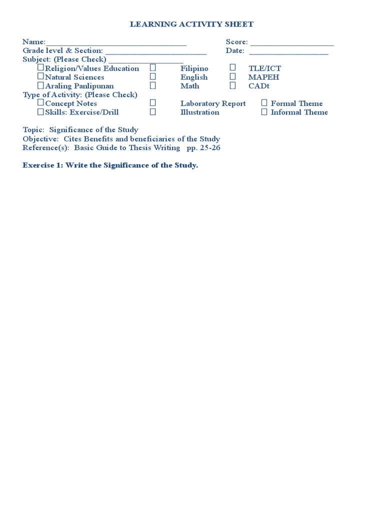 LEARNING ACTIVITY SHEET - Significance of The Study | PDF