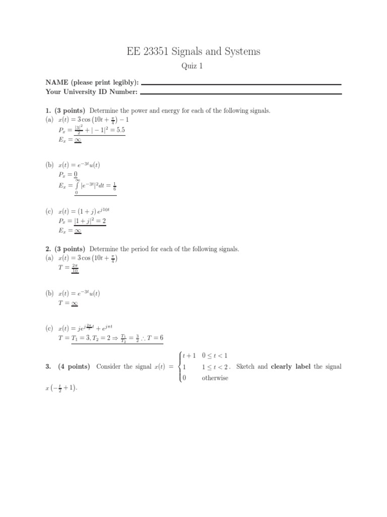 EE 23351 Signals and Systems Quiz 1 PDF