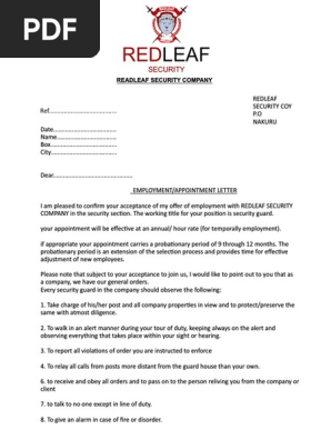 Employment Letter Security Guard Employment