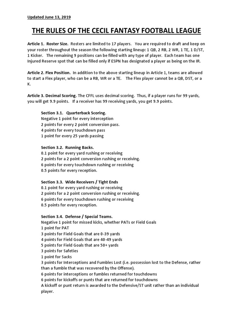 CECIL FANTASY FOOTBALL LEAGUE RULES | PDF | American Football | Sports ...
