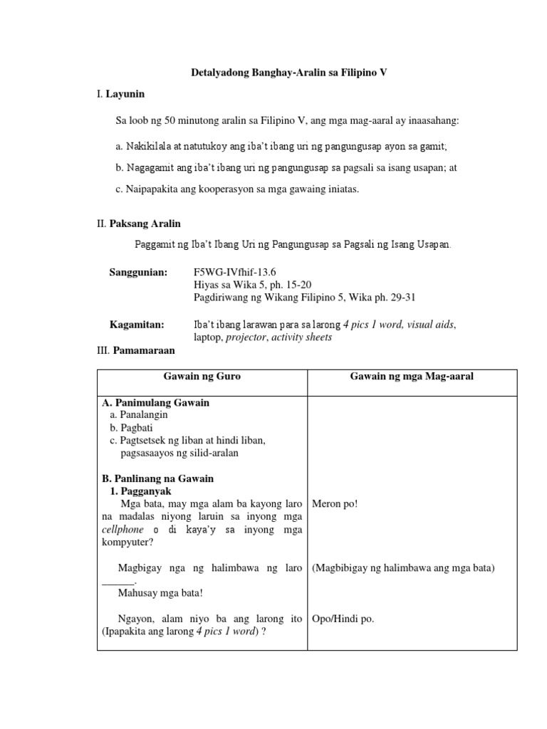 Lesson Plan In Filipino
