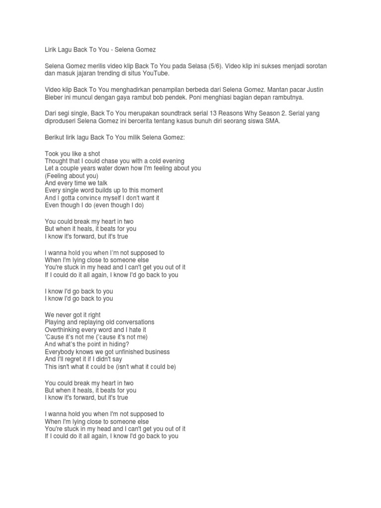 Lirik Lagu Back To You Pdf Pop Music Dance Music
