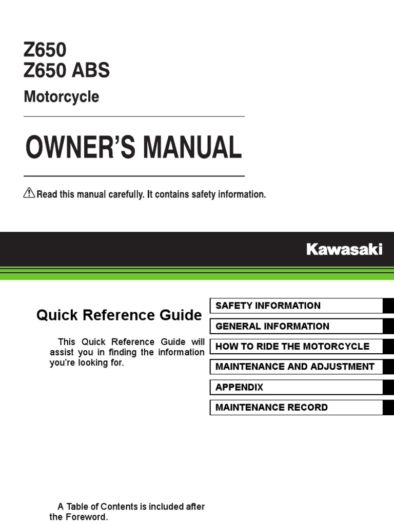 Kawasaki Z650 Owners Manual | PDF | Exhaust Gas | Vehicles