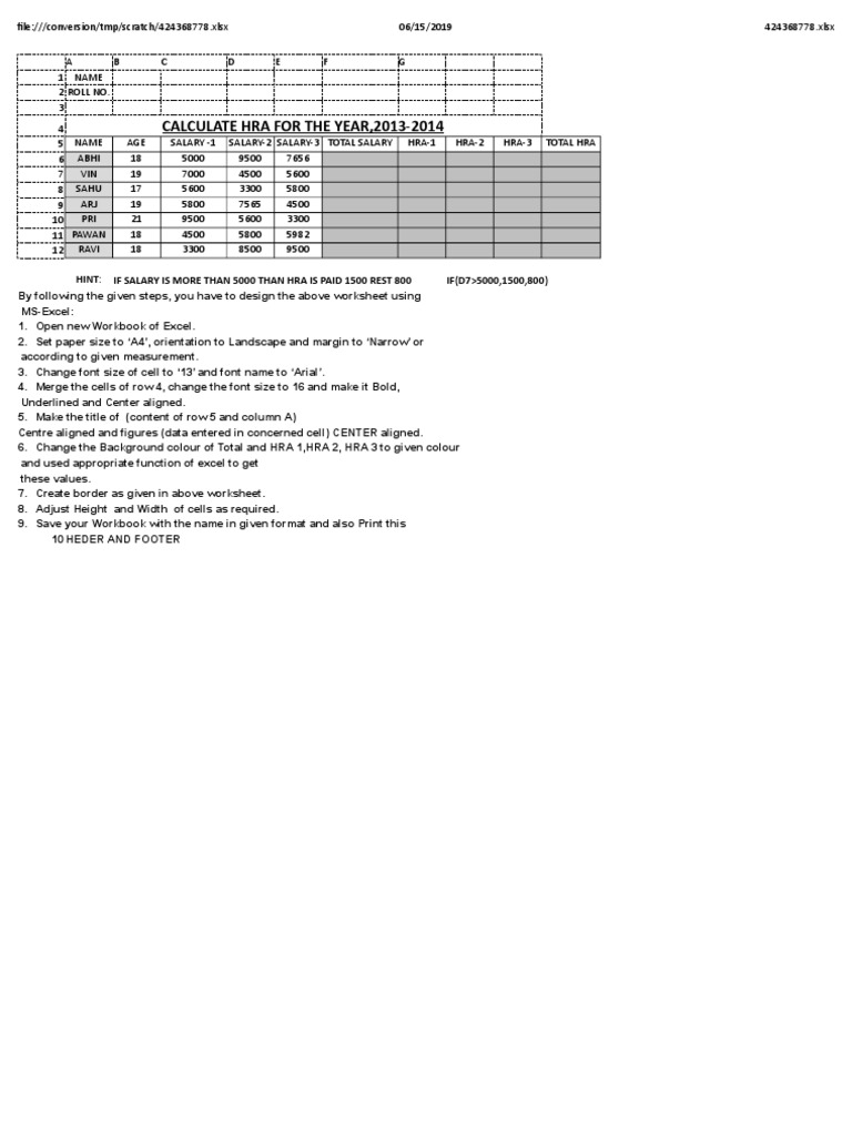 HRA Calculation Guide in Excel | PDF