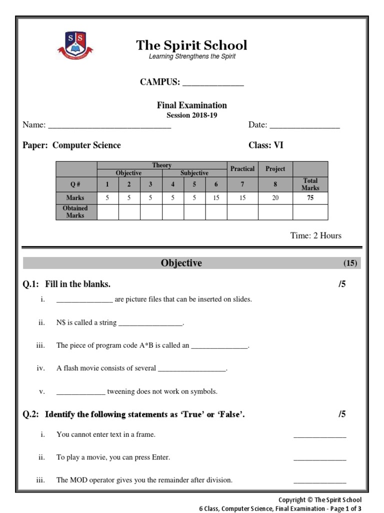6 Class, Computer Science, Final Examination, Session 201819 PDF
