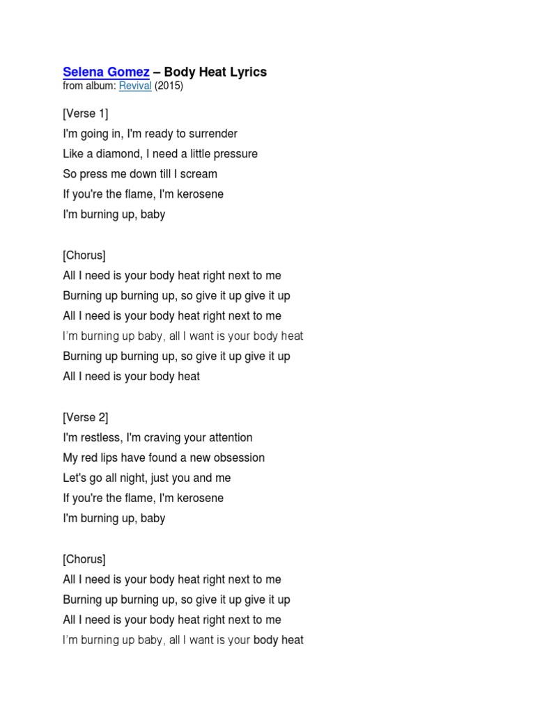 Selena Gomez Body Heat Lyrics PDF