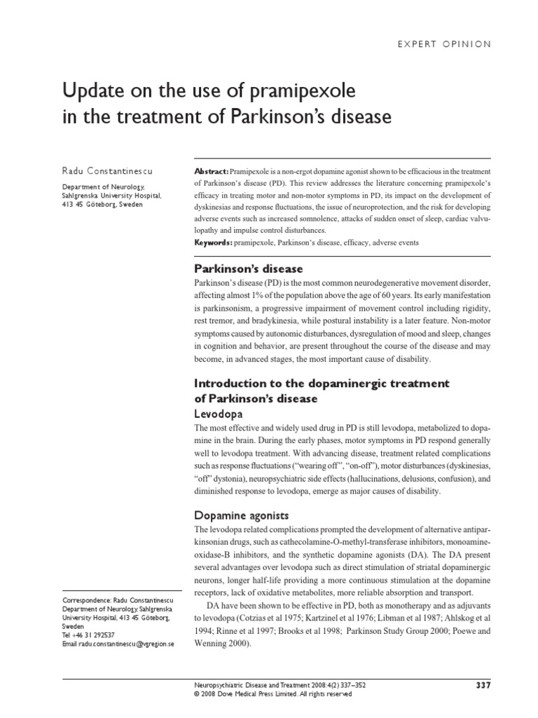 Update On The Use of Pramipexole in The Treatment of Parkinson's ...