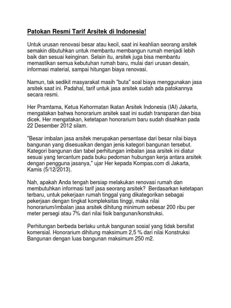 Patokan Resmi Tarif Arsitek Di Indonesia PDF Patokan Resmi Tarif Arsitek Di Indonesia PDF