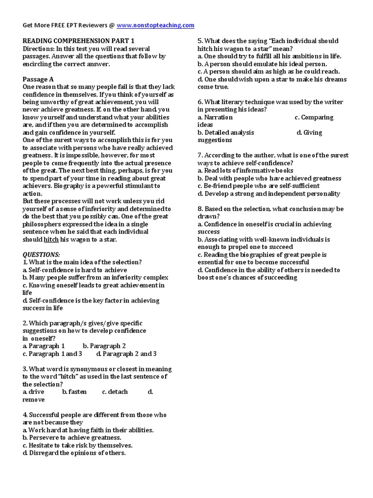 Reading Comprehension Test Part 1 | PDF | Reading Comprehension ...