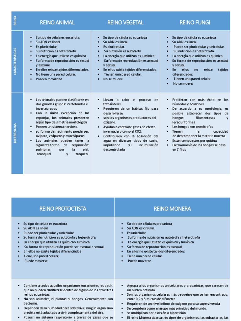 Cuadro Comparativo de los Reinos Vivos | PDF | Eucariotas | Biología  Celular)