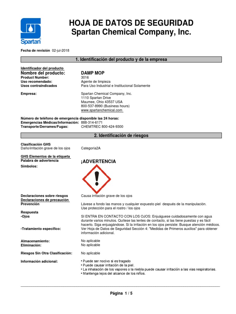 Hoja de Seguridad Damp Mop PDF Toxicidad Agua