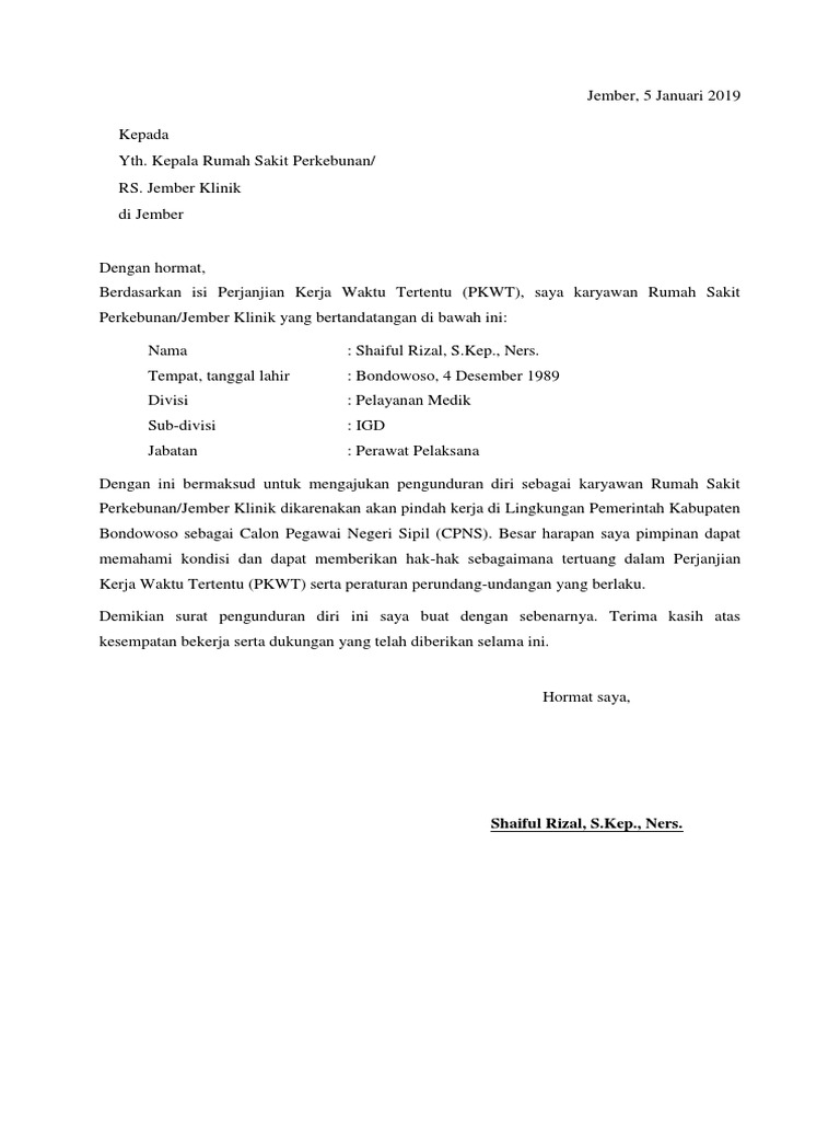 Contoh Surat Pengunduran Diri Resignation Pdf