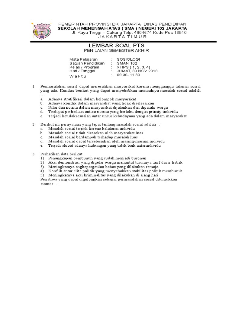 Soal Uas Sosiologi Kelas Xi Ganjil Ta 2018 2019 1