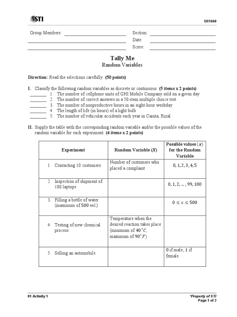 Random Variables Activity Guide | PDF | Random Variable | Experiment