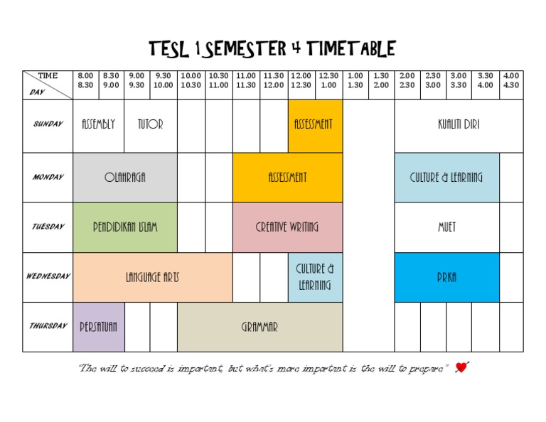 TESL Semester 4 Timetable Overview | PDF