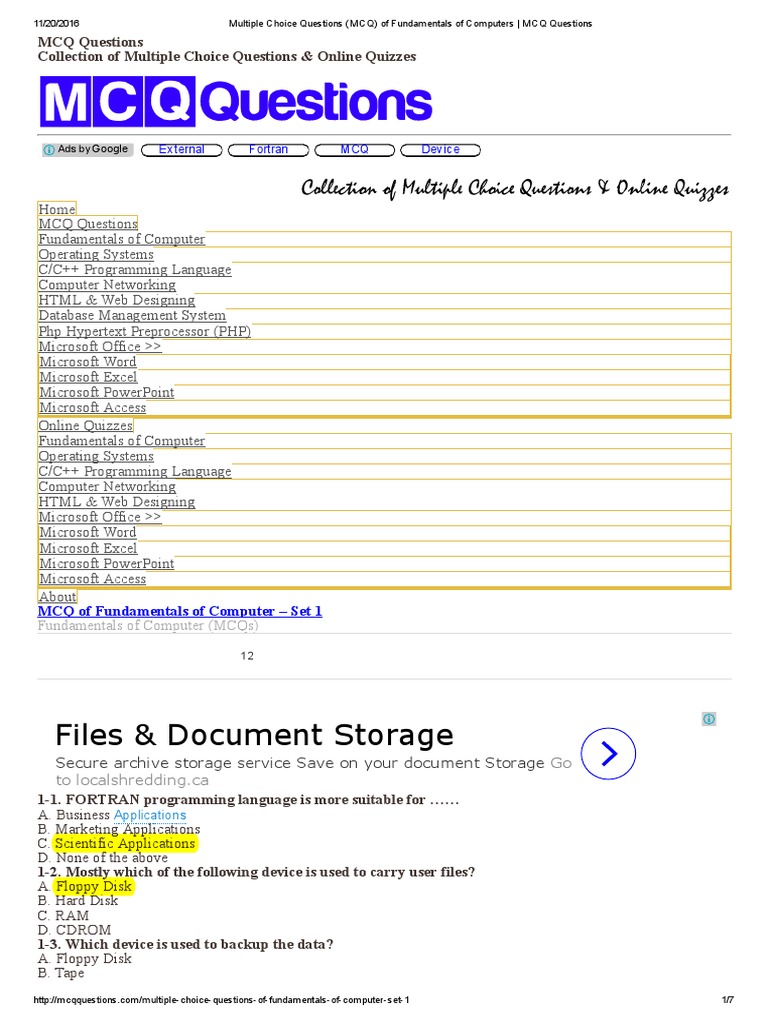Files & Document Storage External Fortran MCQ Device PDF Computer