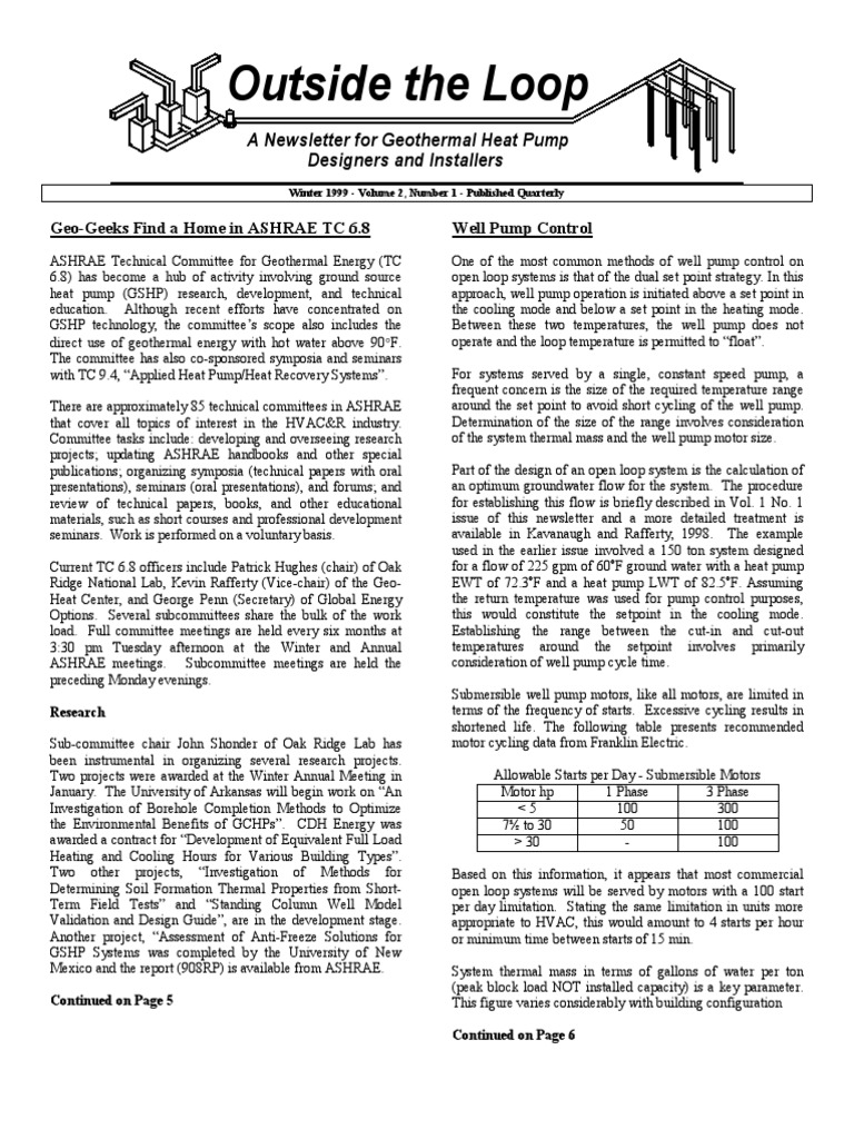 Winter 1999 Outside the Loop Newsletter for Geothermal Heat Pump