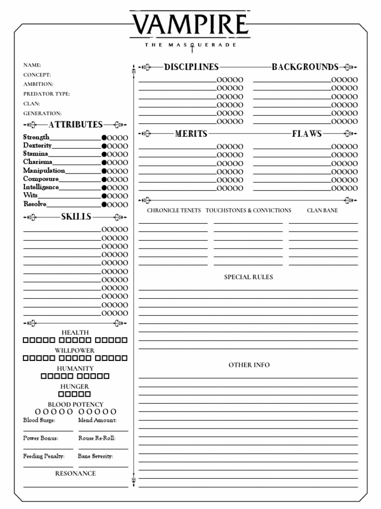 Vampire: The Masquerade 5th Edition NPC Sheet | Vampires | Role Playing