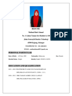 Resume: Muliani Binti Ahmad No. 11 Jalan Taman Seri Baiduri 4, Off Jalan Semenyih Bandar Teknologi 43500 Kajang, Selangor