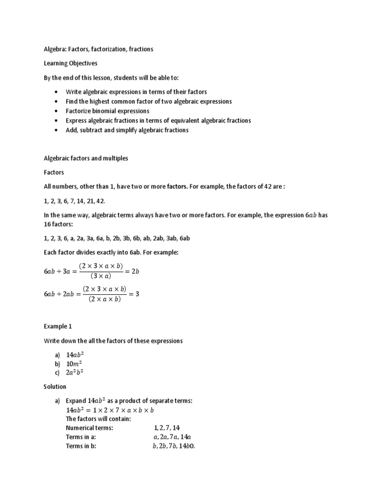 Algebra: Factors and Fractions Guide | PDF | Fraction (Mathematics ...