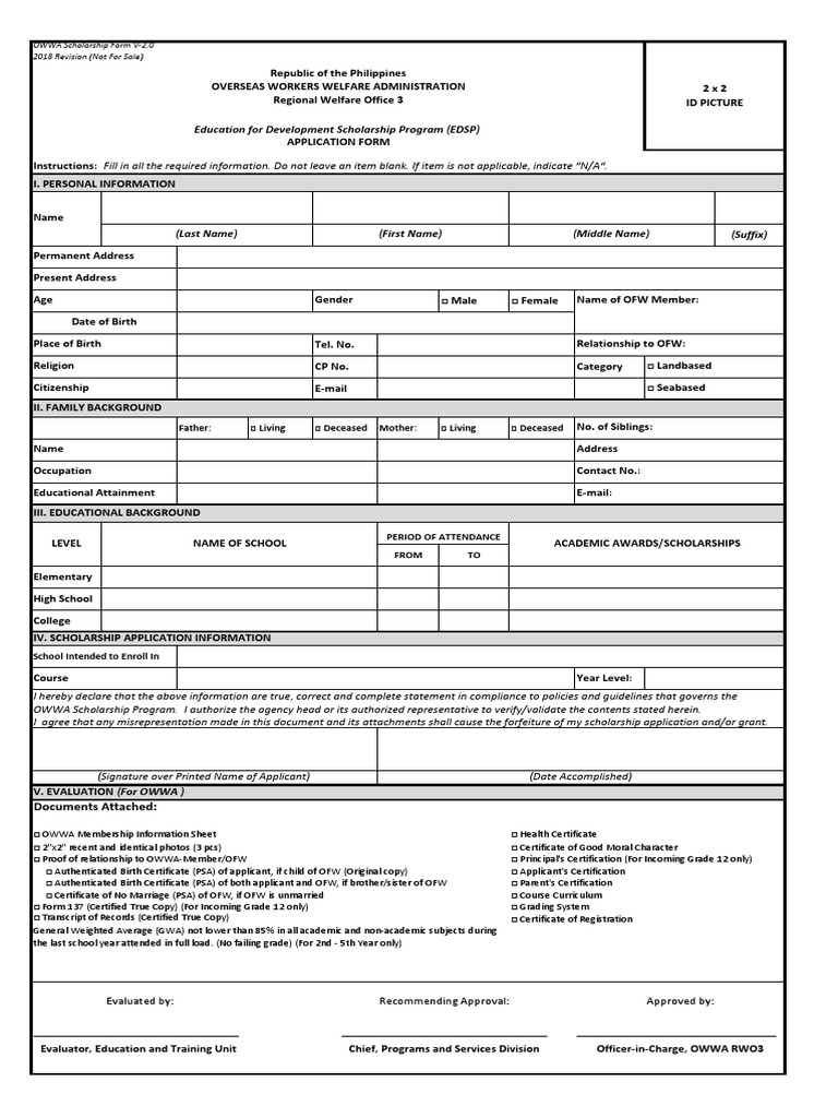 OWWA Scholarship Application Form | PDF | Birth Certificate | Social ...
