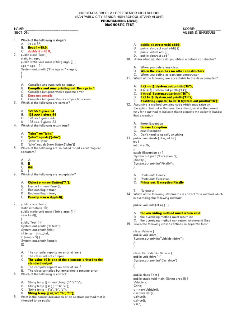 Diagnostic Test Java Programming | PDF | Class (Computer Programming ...