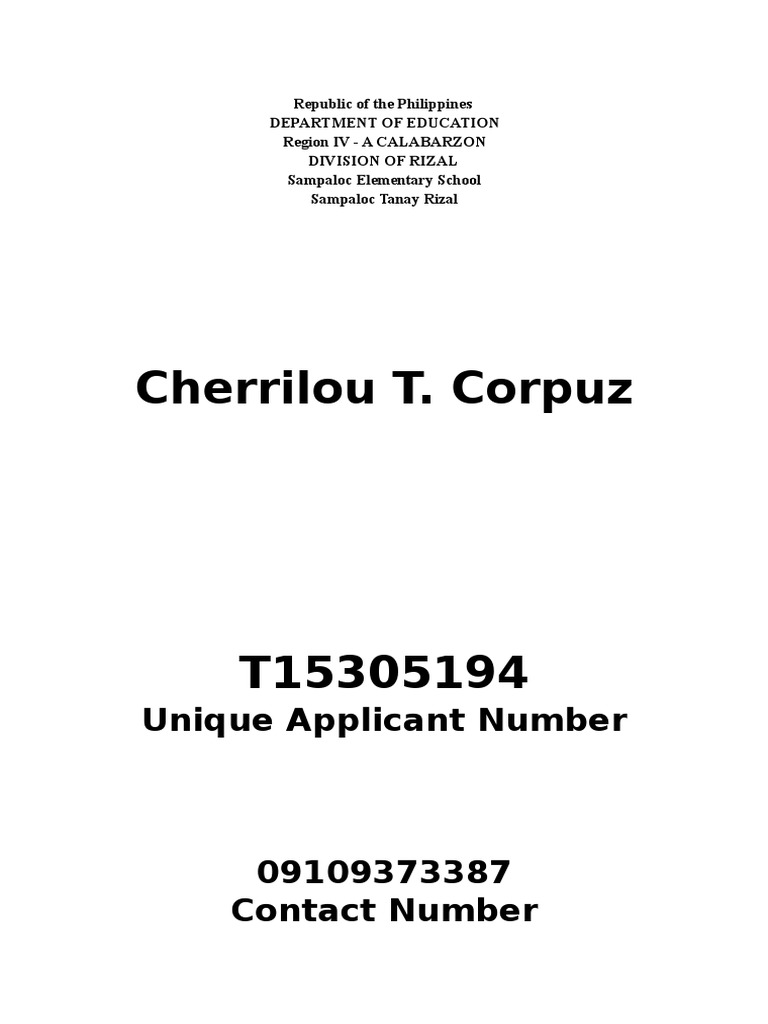 Cherrilou T. Corpuz: Unique Applicant Number | PDF