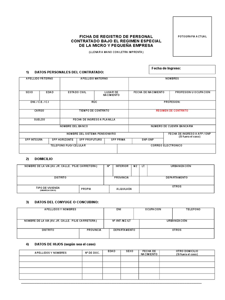 Ficha De Registro De Personal Contratado Bajo El Regimen