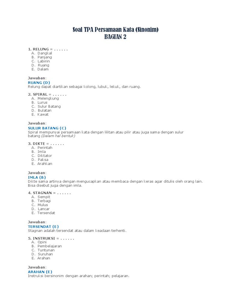 Contoh Soal Tpa Persamaan Kata Sinonim Bagian 2pdf