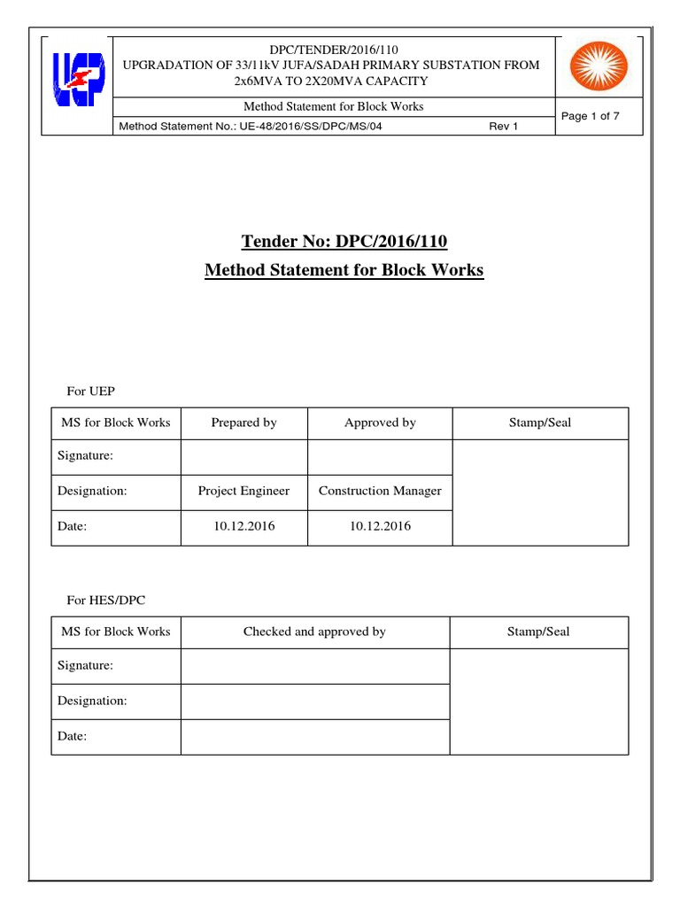 Method Statement for Block Works | PDF | Masonry | Mortar (Masonry)
