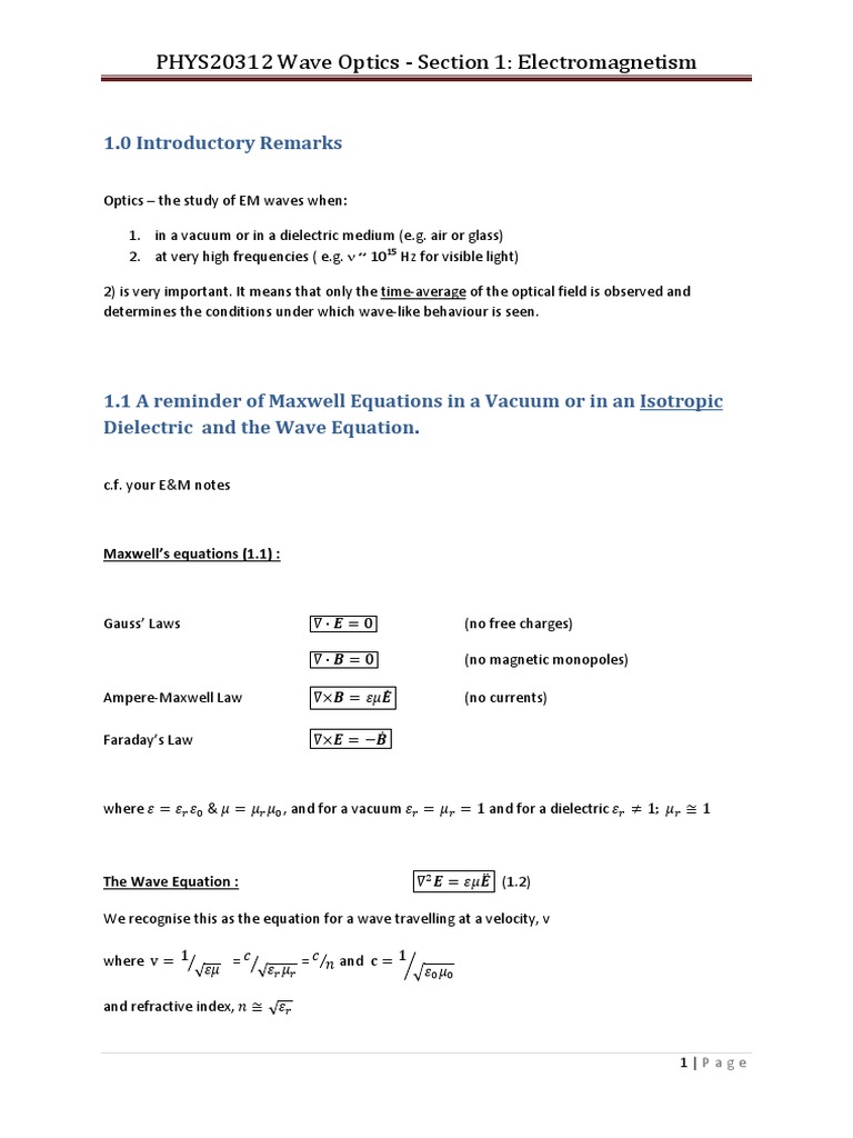 Electromagnetism in Wave Optics | PDF | Diffraction | Waves
