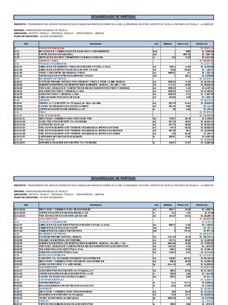Desagregado de Partidas del Proyecto | PDF | Ingeniería mecánica ...