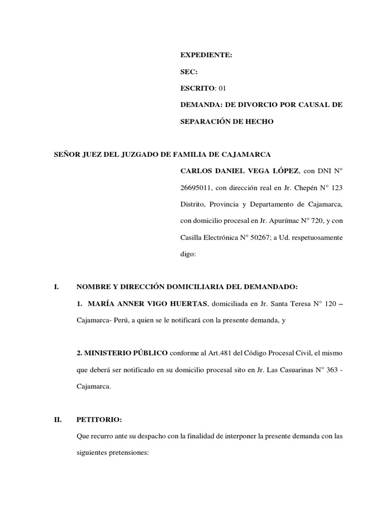 Demanda de Divorcio por Separación Hecho | PDF | Divorcio | Demanda ...
