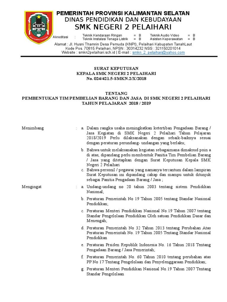 SK Tim Pengadaan Barang Dan Jasa SMKN 2 | PDF