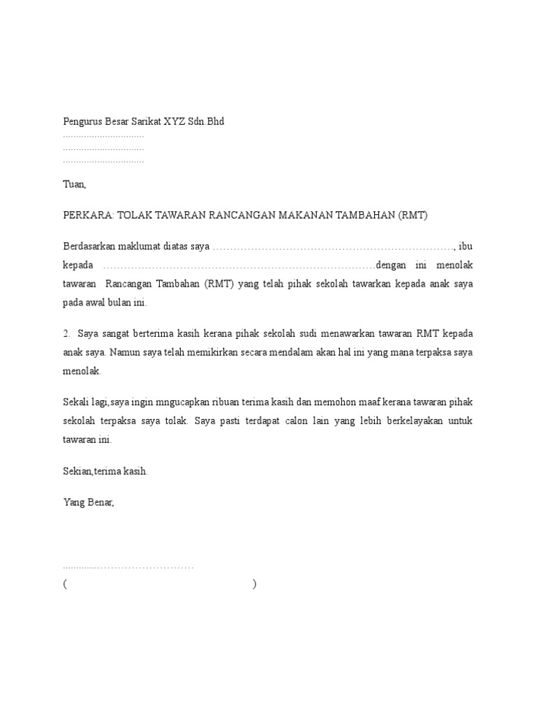 Contoh Surat Tolak Tawaran