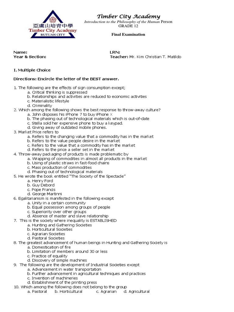Grade 12 Philosophy Final Exam Questions | PDF | Society | Hunter Gatherer