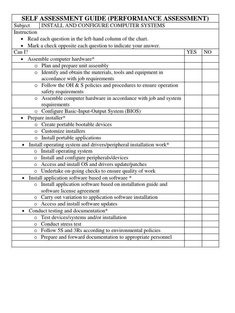 Self Assessment Guide (Performance Assessment) | PDF