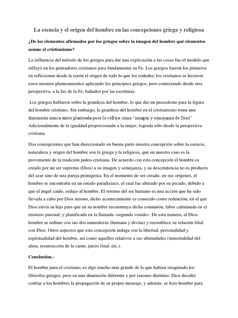 La Esencia y El Origen Del Hombre en Las Concepciones Griega y ...