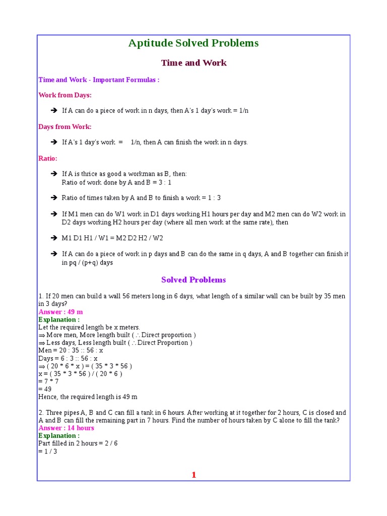 Time and Work Aptitude Problems Explained | PDF | Working Time | Employment