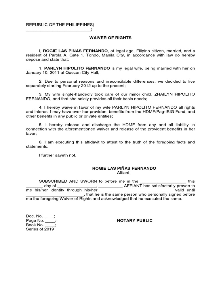 Pag-IBIG Waiver of Rights Sample Form | PDF