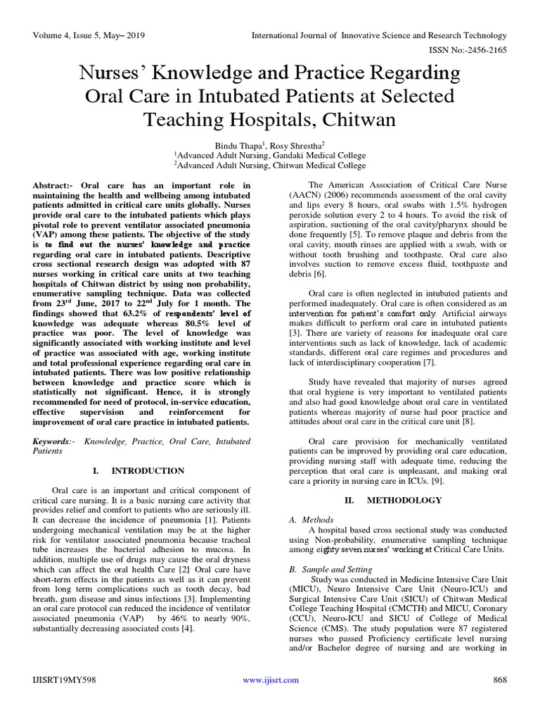 Nurses' Knowledge and Practice Regarding Oral Care in Intubated