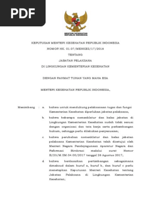 Kmk No Hk 01 07 Menkes 17 2018 Ttg Jabatan Pelaksana Di Lingkungan Kemenkes Edit Baru Pdf