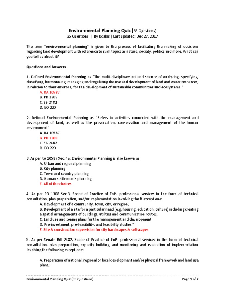 Environmental Planning Quiz (35 Questions) PDF Urban Planning