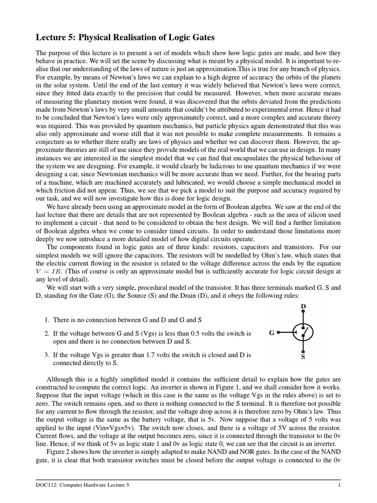Physical Realization of Logic Gates PDF Logic Gate Electronic