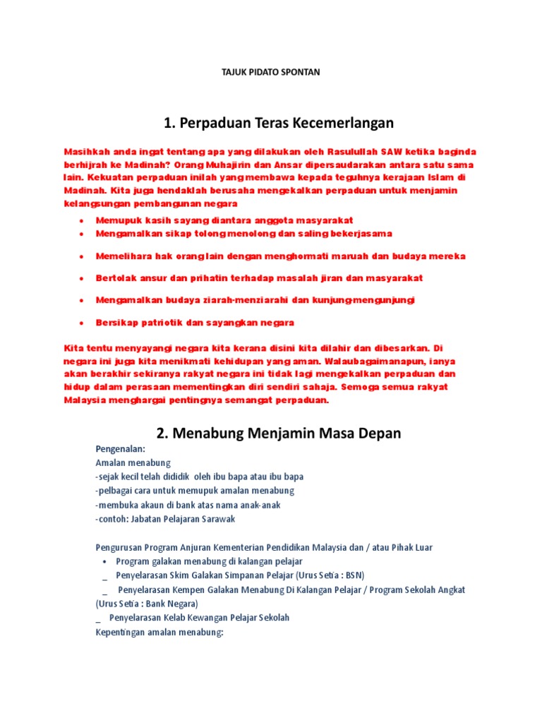 Nota Tajuk Pidato Spontan Pdf